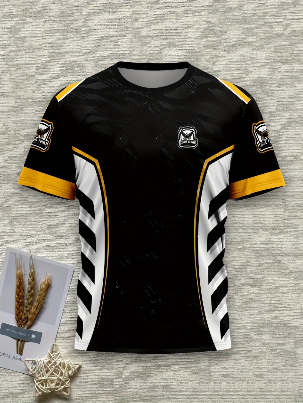Esports Gaming Team Logo - Мужская футболка для киберспортивной команды, черно-золото-белая,